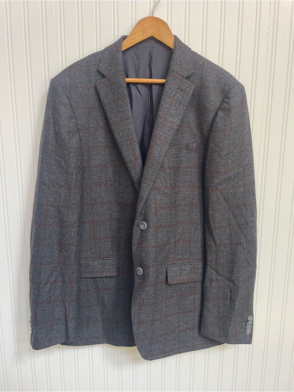 Michael Kors Gray Windowpane Wool Sport Coat with Brown Check Mens 42L